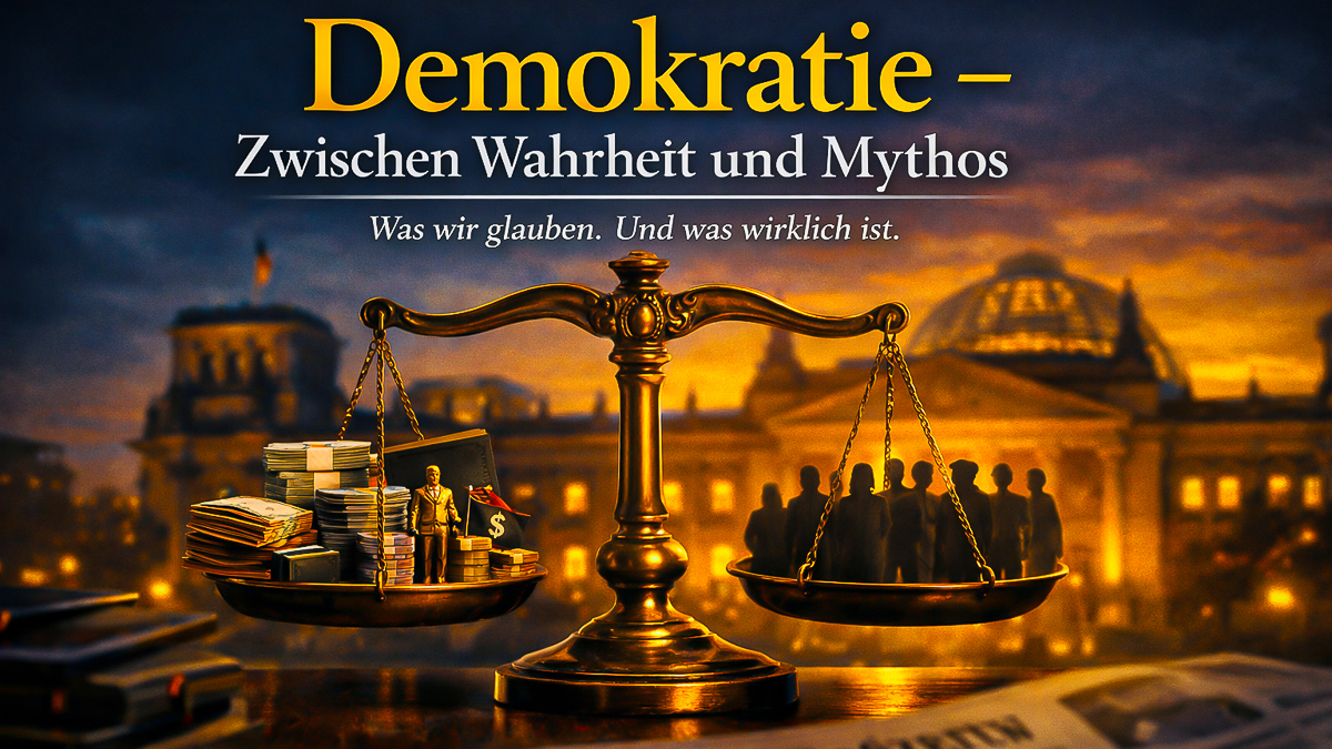 Waage der Demokratie mit Geld und Bürgern vor Regierungsgebäude in Abenddämmerung – Symbol für Macht, Einfluss und Wahrheit