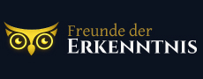 Freunde der Erkenntnis – stilisierte goldene Eule mit leuchtenden Augen im Wappenstil
